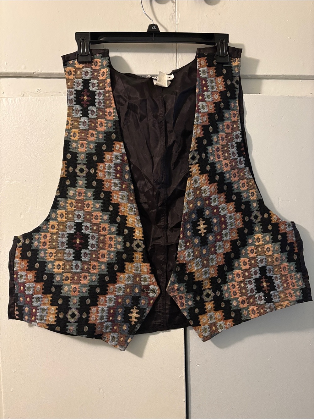 Geometric Tapestry Vest in Black, Rust & Dusty Blue